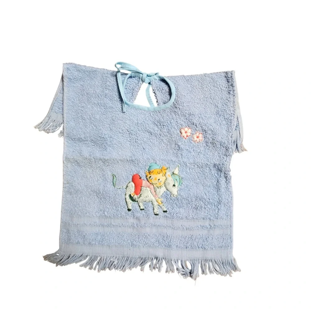 Vintage St Mary's Terry Cloth Baby Bib Donkey Child Fringed Blue USA Kidcore